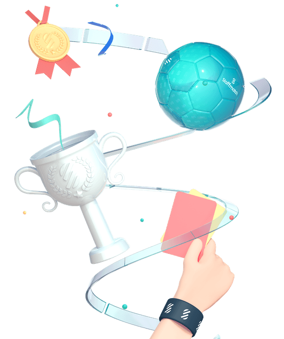 Illustration with various icons such as a ball and a trophy.