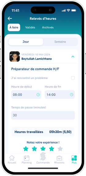 Écran “Relevés d’heures” de l’application mobile Staffmatch Business.