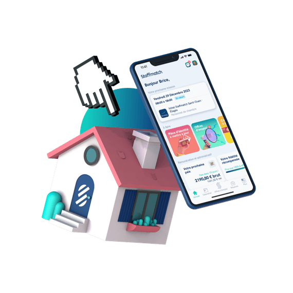 Illustration d’une maison Staffmatch et d’un téléphone sur l’application Staffmatch pour les intérimaires.