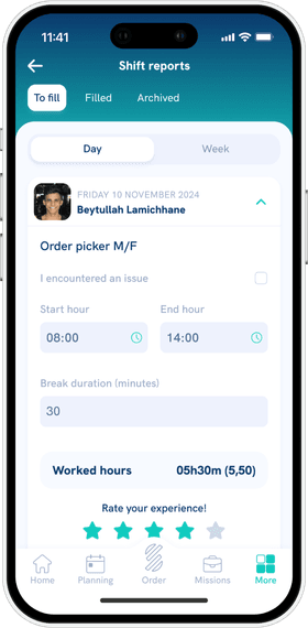 “Shift reports” screen of the Staffmatch Business mobile app.