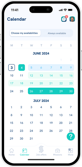 “Calendar” screen of the Staffmatch mobile app.