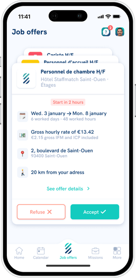 “Job offers” screen of the Staffmatch mobile app.