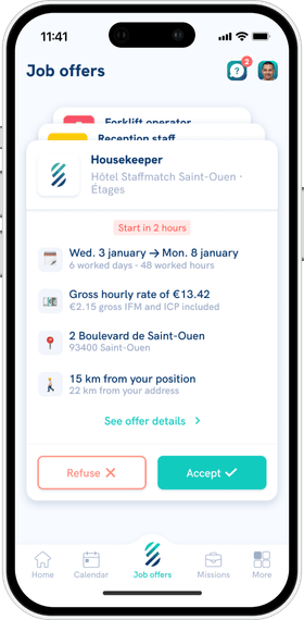 “Job offers” screen of the Staffmatch mobile app.